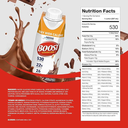 BOOST Very High Calorie Nutritional Drink ??Helps Weight Gain & Maintenance - 530 Calories - 26 Vitamins & Minerals - 22 g Protein - Calorie-Dense Nutritional Drink - Chocolate - 8 fl oz (Pack of 24)