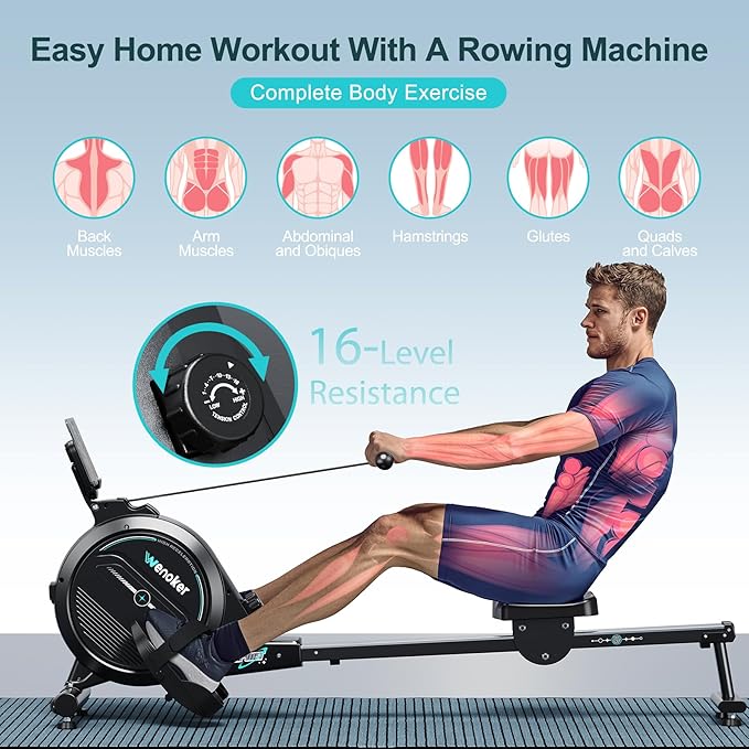 Rowing Machine,Wenoker Magnetic Rower Machine for Home,App Supported 350 LB Weight Capacity, Smooth Whisper Quiet with LCD Monitor Tablet Holder & Comfortable Seat Cushion, Compact and Saves Space