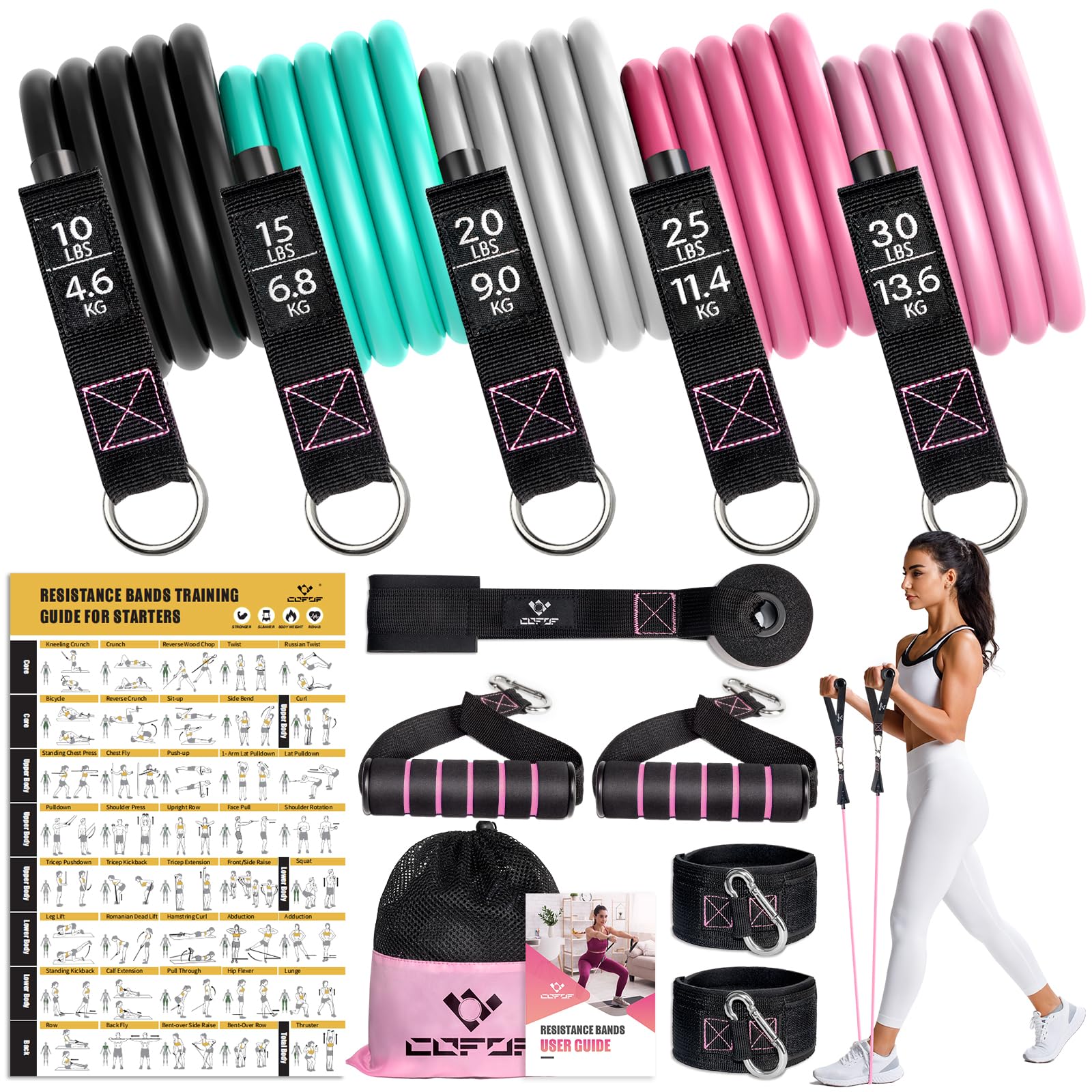 Resistance Bands with Handles for Women, 5 Level Exercise Bands Workout Bands for Physical Therapy