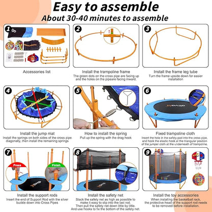 Ativafit 60'' Rebounder Trampoline Indoor Outdoor for Kids Ages 1-8, 5 FT Recreational Toddler Trampoline with Safety Enclosure Net Gifts with Basketball Hoop Dartboard Ocean Bal