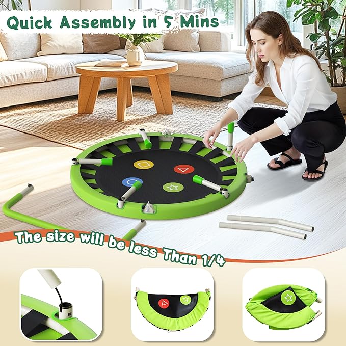 3FT Toddler Trampoline with Adjustable Handlebar, 36" Foldable & Spring-Free, Mini Kids Indoor Outdoor Trampoline for Ages 1-6, Noiseless Jumping Mat, Safe & Sturdy Design, Supports Up to 100 lbs