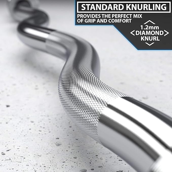 Synergee Commercial EZ Curl Olympic Bar Chrome & Black Phosphate with Powder Coated Brass Bushings Excellent for Bicep Curls and Triceps Extensions