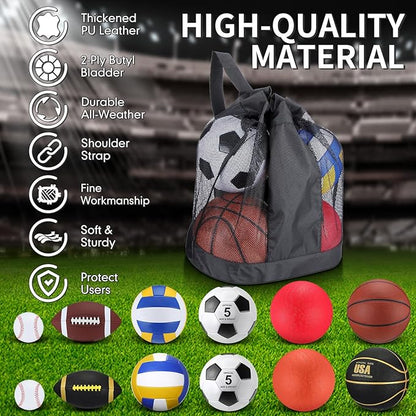 Deekin 12 Pcs Assorted Sport Ball Set Official Size Basketball, Football, Volleyball, Soccer, Baseball, Playground Ball with Bag and Pump Gift for Kid Youth Adult Back to School