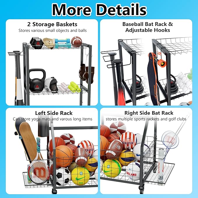 Sports Equipment Organizer, Outdoor Toy Storage Garage Organization - Ball Storage Racks with 2 Side Racks & Durable Baskets, Garage Rolling Ball Cart with Wheels, Hooks for Sports Gear, Bats