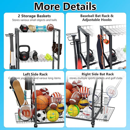 Sports Equipment Organizer, Outdoor Toy Storage Garage Organization - Ball Storage Racks with 2 Side Racks & Durable Baskets, Garage Rolling Ball Cart with Wheels, Hooks for Sports Gear, Bats