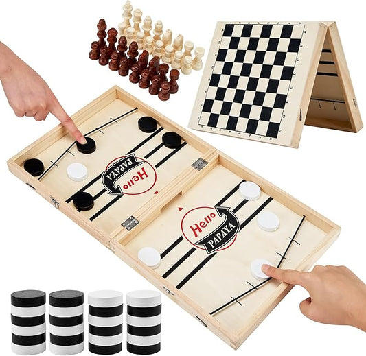 Foldable Fast Sling Puck Game with Chess Board and Checkers Board, Tic Tac Toe. Wooden Air Hockey