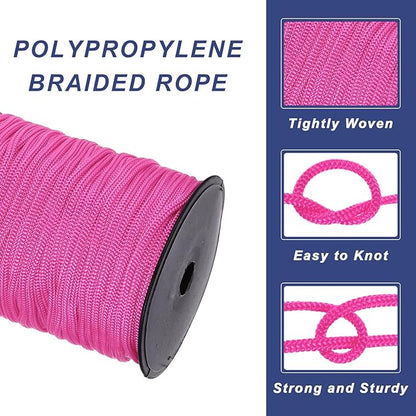 MECCANIXITY 3/16 Inch Polypropylene Rope Braided Ropes, 328ft Nylon Rope Hollow Utility Cord for Clothesline, Camping, Hiking, Outdoor, Dark Pink