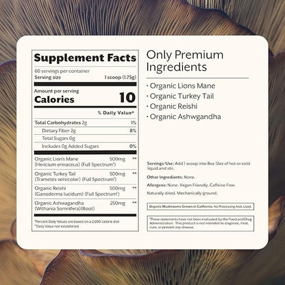 Promix Adaptogens Mushroom Coffee Supplement Powder - with Organic Ashwagandha, Lion?™s Mane, Turkey Tail & Reishi - 60 Servings