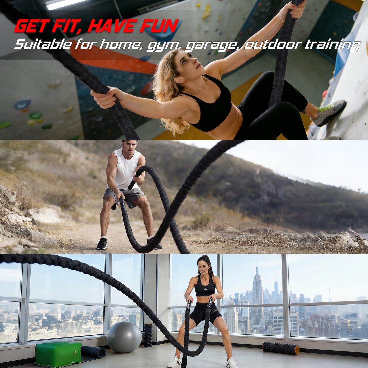 Battle Rope For Home Gym Workout - 1.26 Inch 30ft Heavy Weighted Training Exercise Ropes Fitness