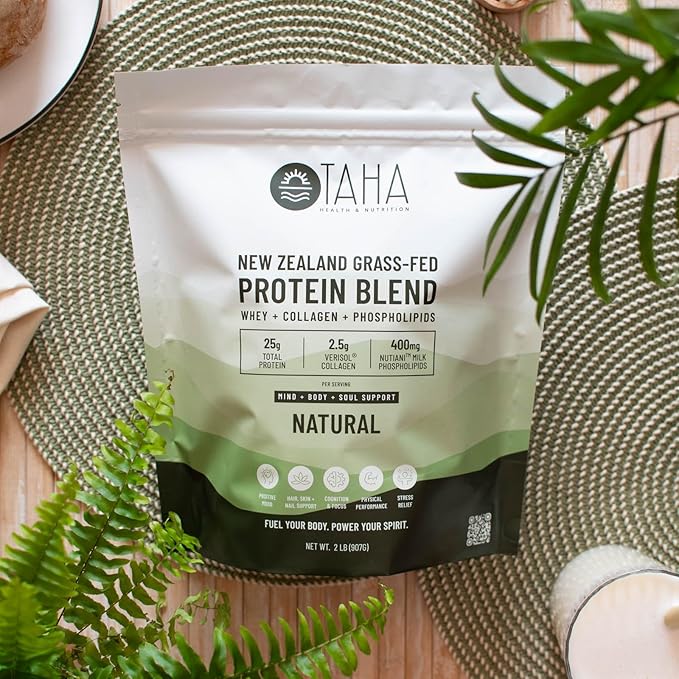 Taha Health & Nutrition Mind + Body Protein Blend ??Natural, Unflavored | 25g Protein from Whey & Collagen + 400mg Milk Phospholipids | Grass-Fed, Free-Range New Zealand Dairy | 2LB
