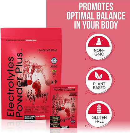 PowerVitamin Electrolytes Powder Packets - Raspberry - Keto Electrolytes for Energy - Hydration Powder with 1000mg Potassium, 120mg Magnesium, Zero Calories - 16 Hydration Packets