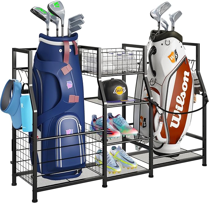 Sports Equipment Organizer Golf Bag Stand Golf Storage Organizer for Garage with Basket and Hooks, Storage Rack for 2 Golf Bag,Two Assembly Methods