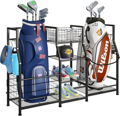 Sports Equipment Organizer Golf Bag Stand Golf Storage Organizer for Garage with Basket and Hooks, Storage Rack for 2 Golf Bag,Two Assembly Methods