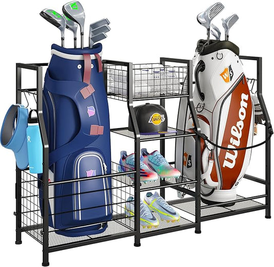 Sports Equipment Organizer Golf Bag Stand Golf Storage Organizer for Garage with Basket and Hooks, Storage Rack for 2 Golf Bag,Two Assembly Methods