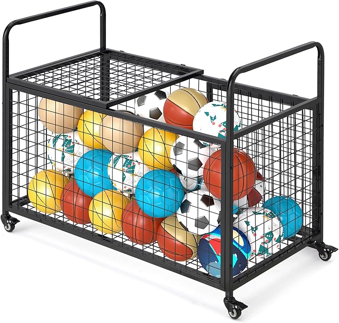 AECOJOY Ball Cart Storage, Rolling Basketball Bin with Wheels for Garage, School, Gym, Sports Equipment and Toy Organizer, Indoor & Outdoor