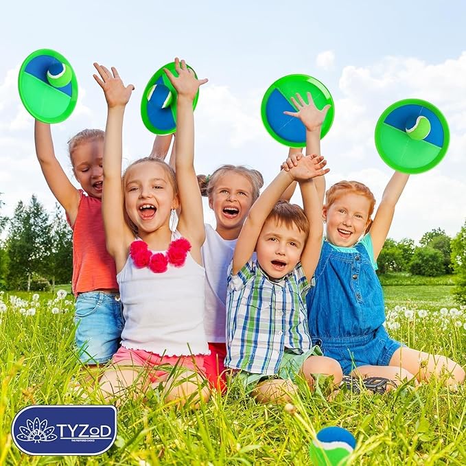 Toss and Catch Ball Set, Outdoor Games, Beach Games for Kids, Toss Ball and Catch Game Set for Kids/Family (6 Paddles, 3 Balls and 1 Storage Bag) (Blue-Green)