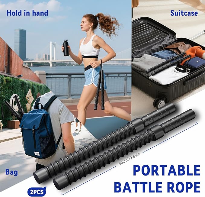 2Pcs Ropeless Battle Ropes for Men & Women - Portable Home Gym Workout Ropes for HIIT, Cardio Training & Strength Exercises (20.63" Compact Design)