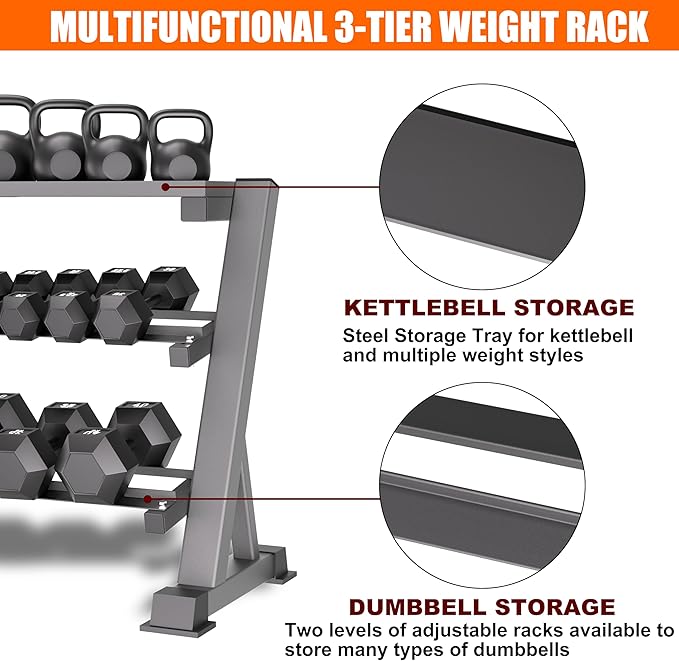 3 Tier Dumbbell Rack, 1200LBS Adjustable Weight Rack for Home Gym, Heavy Duty Dumbbell Holder for Kettlebell & Free Weights Storage Organizer, Dumbbell Rack Stand Only