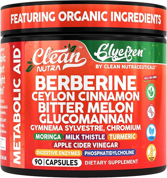 Clean Nutra Berberine and Ceylon Cinnamon Supplement Bitter Melon Glucomannan Gymnema Sylvestre