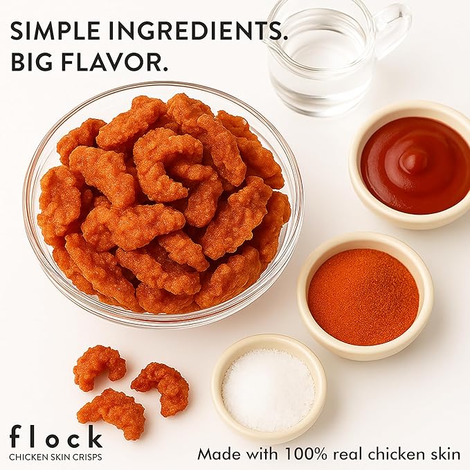 Flock Keto Chicken Skin Chips | Hattie B's Nashville Hot Flavor | Low Carb, High Protein, Sugar Free, Gluten Free Fried Chicken Skins for People | (1oz) 8-Pack Crispy Flock Chips