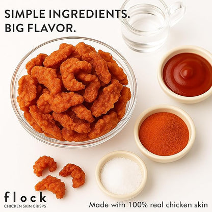 Flock Keto Chicken Skin Chips | Hattie B's Nashville Hot Flavor | Low Carb, High Protein, Sugar Free, Gluten Free Fried Chicken Skins for People | (1oz) 8-Pack Crispy Flock Chips