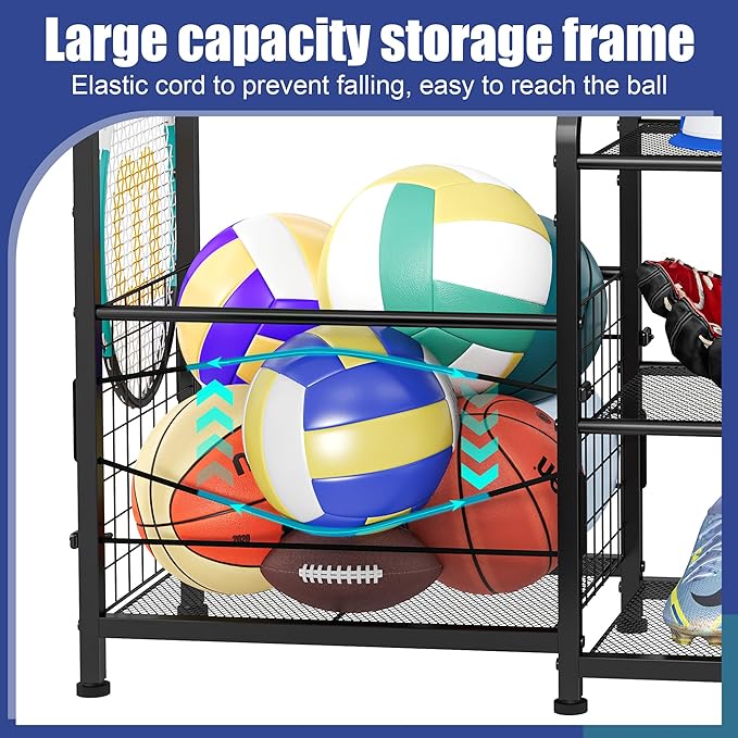 Sports Equipment Organizer Golf Bag Stand Golf Storage Organizer for Garage with Basket and Hooks, Storage Rack for 2 Golf Bag,Two Assembly Methods