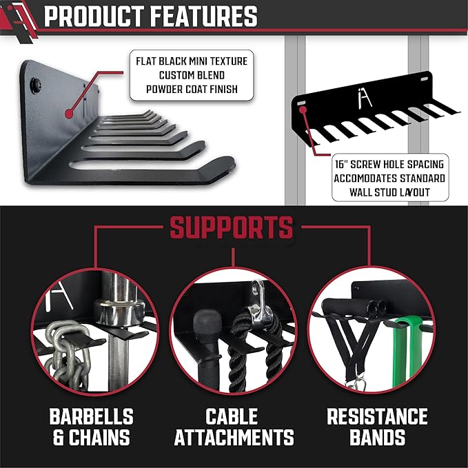 IRON AMERICAN) Gym Storage Hanger/Heavy Duty Multi-Purpose Gym Rack for Lifting Belts, Chains, Exercise Bands, Jump Ropes (mounting hardware included)