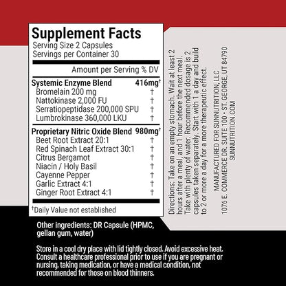 Nattokinase Supplement Nitric Oxide Capsules Beet Root Extract High Potency Lumbrokinase & Bromelain Systemic Enzymes Spike Protein Detox Clean & Flow Vascular Defense 60 Caps 30 Servings