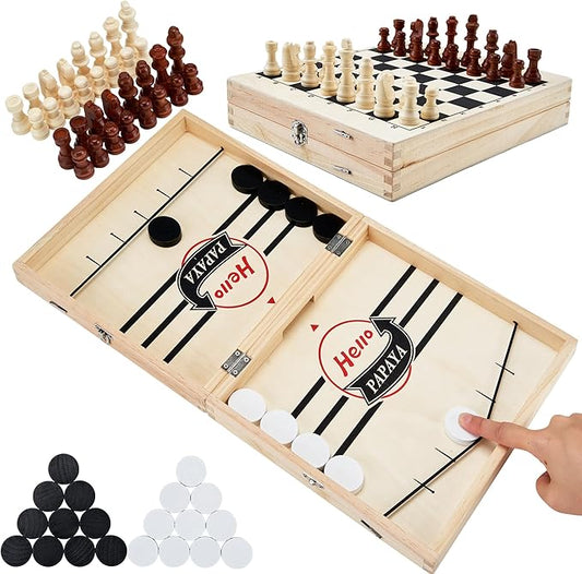 Foldable Fast Sling Puck Game with Chess Board and Checkers Board, Tic Tac Toe. Wooden Air Hockey