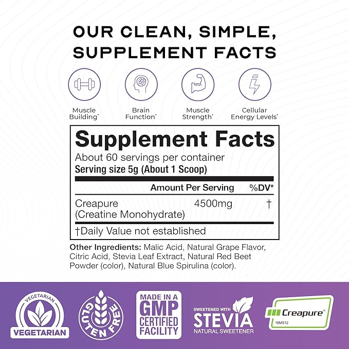 Muscle Feast Creapure Creatine Monohydrate Powder, Vegan Keto Friendly Gluten-Free Easy to Mix, Muscle Recovery Supplement, Trusted Creatine for Muscle Growth, Flavored Creatine, Natural Grape, 300g