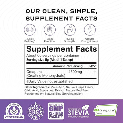 Muscle Feast Creapure Creatine Monohydrate Powder, Vegan Keto Friendly Gluten-Free Easy to Mix, Muscle Recovery Supplement, Trusted Creatine for Muscle Growth, Flavored Creatine, Natural Grape, 300g