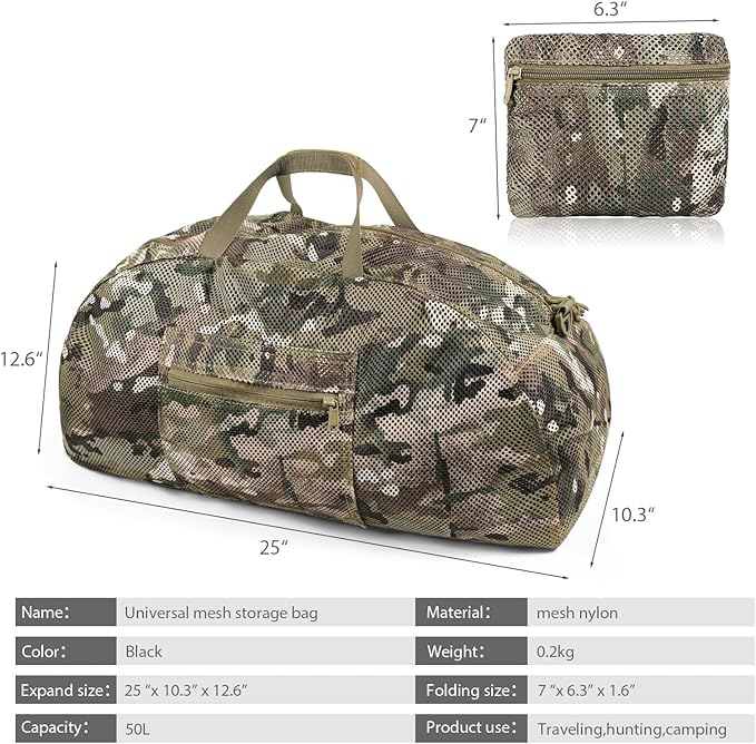 Tactical Mesh Luggage bag,50L Foldable duffel Pack,Large Capacity Range Bag For Hunting Shooting Travel Climbing Sports Gym (MC)