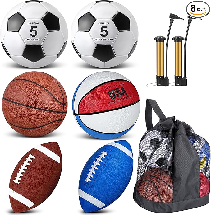 Sratte 6 Pcs Sports Balls Set for Kids Teens Adults Official Size Football Soccer Basketball with Pump Sports Equipment Bag for Youth Training Practice Gift Back to School