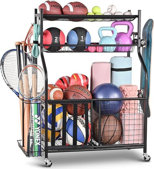 PLKOW Sports Equipment Organizer - Garage Storage Rack with Basket and Hooks, Ball Storage, Toy and