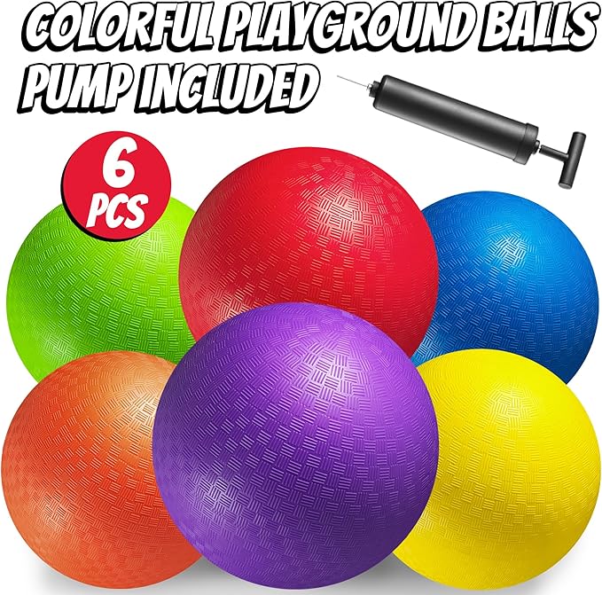 10 Inch Kickball Playground Balls - (Pack of 6) Inflatable Rubber Indoor Outdoor Bouncy Balls for Adults & Kids - Dodgeballs, Kickballs, Four Square and Handballs for School, Gym, with Hand Pump