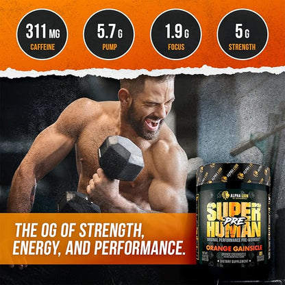 ALPHA LION Superhuman Pre Workout Powder, Beta Alanine, L-Taurine & Tri-Source Caffeine for Sustained Energy & Focus, Nitric Oxide & Citrulline for Pump (21 Servings, Orange Gainsicle)