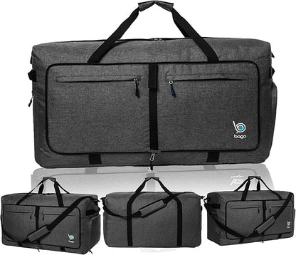 Bago Large Foldable Duffel Bags for Traveling Women & Men - 120L Packable Duffle Bag for Travel with Shoe Compartment - Water Repellant, Heavy Duty, Lightweight Folding & Collapsible (SnowBlack)