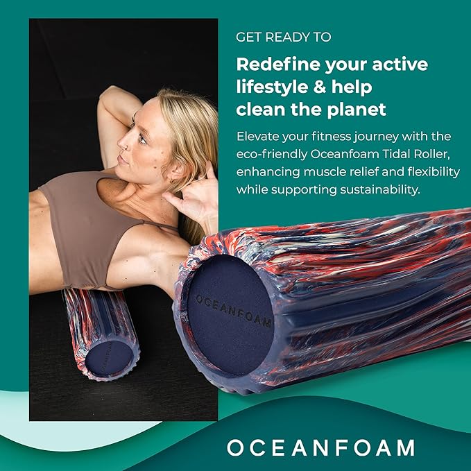 Oceanfoam Tidal Roller - Red, Dark Navy & Natural Marbled - Muscle Massage Foam Roller for Back Pain & Stretching - Firm & Ergonomic Wide Wave Textured - Yoga, Athletics, Wellness - Full Size 20" x 5"