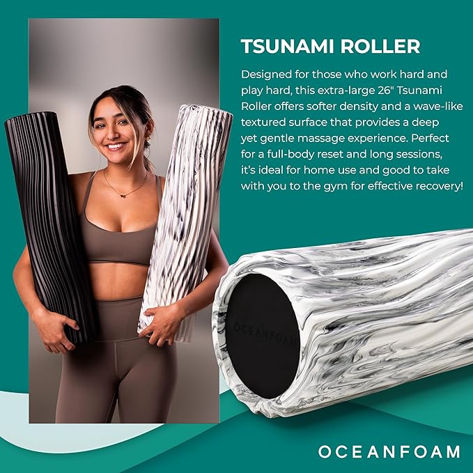 Oceanfoam Tsunami Roller (Black Marbled) - Soft, Textured Foam Roller for Physical Therapy, Back Pain, Excercise & Stretching - Wave Textured - Yoga, Athletics, Wellness - Extra-Large 26" x 5.9"