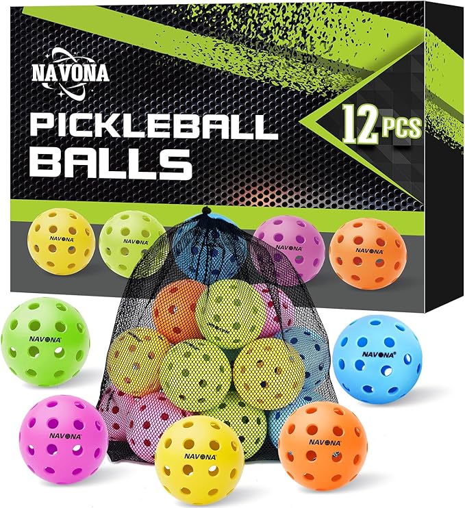 Navona 12 Pack Premium 40-Holes Colorful Outdoor Pickleball Balls, Meet USAPA Official Requirement, Perfectly Balanced, High Bounce True Flight, Durable Outdoor Pickleball Set