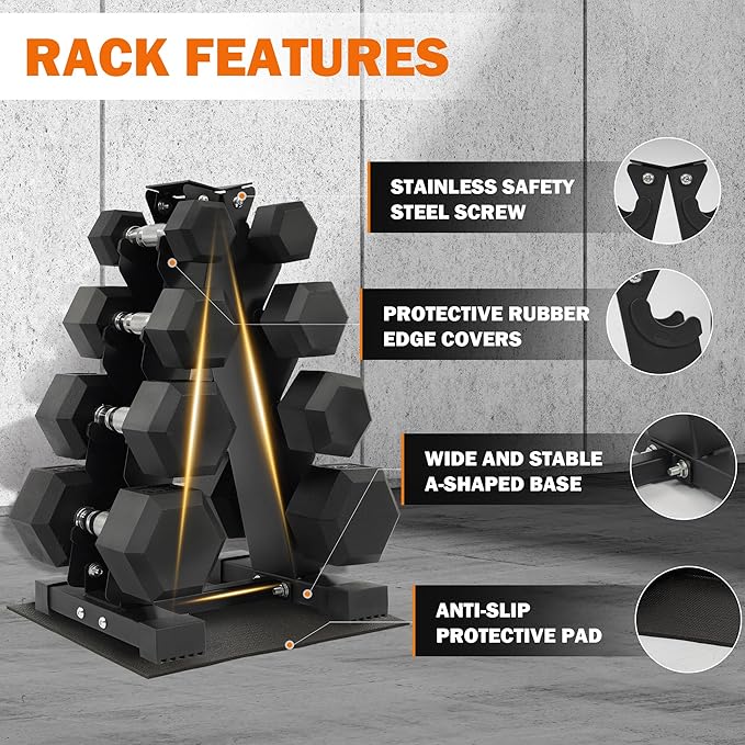 Rubber Coated Hex Dumbbell Weight Sets and Storage Rack, 100LB Set or 150LB Set, 5-20 lbs Pairs or 5-25 lbs Pairs