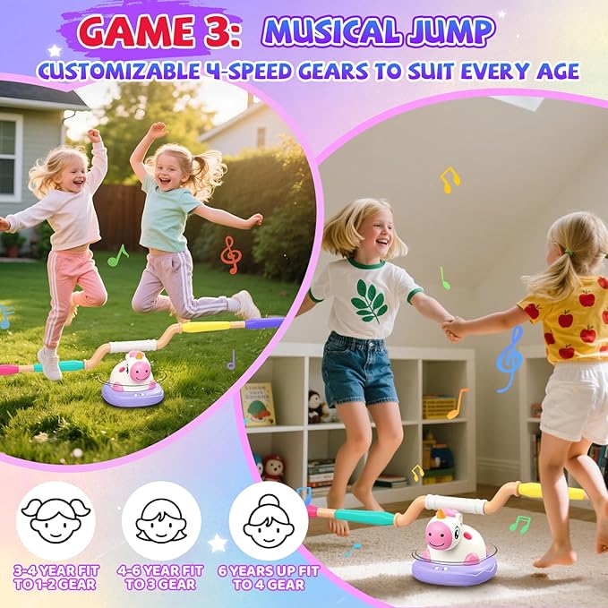 3-in-1 Outdoor Toys for Kids Ages 3-8, Unicorn Rocket Launcher, Ring Toss & Musical Jump - Backyard Indoor Active Play Set for Boys Girls, STEM Learning Toys Birthday Gift for 3 4 5 6 7 8 Years Old