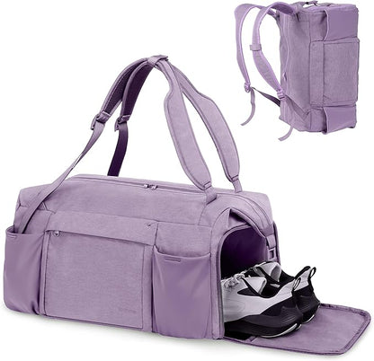 Purple Large Convertible Gym Bag & Backpack with 7 Compartments, Waterproof Shoe Compartment, Wet Pocket, 2 Bottle Holders & Trolley Sleeve - Women's Sports Duffel Bag