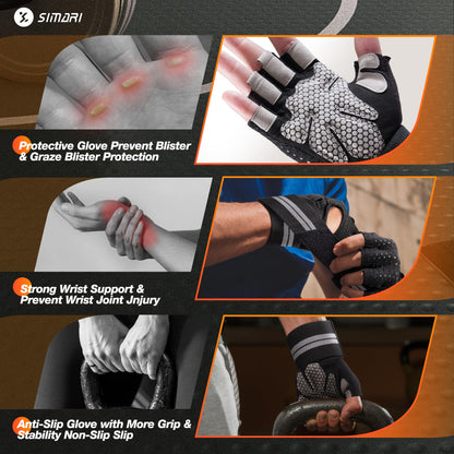 SIMARI Breathable Workout Gloves for Men Women, Padded Weight Lifting Gloves with Wrist Wraps
