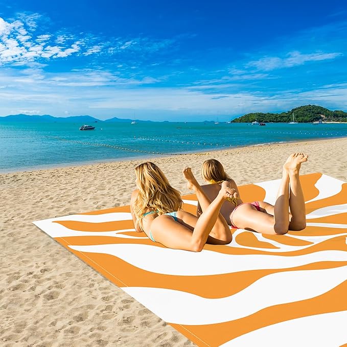 110''×118'' Waterproof Sandproof Beach Blanket 8 Adults, Sand Free Boho Sun Outdoor Beach Mat with 4 Stakes, Extra Large Compact Picnic Pockets Blanket Essential for Travel, Camping, Summer Vocation