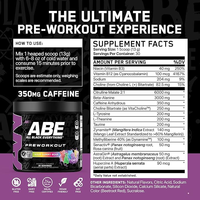 All Black Everything Pre Workout Powder | 30 Servings | Sour Gummy Bear | 350mg Caffeine | Nootropic Pre-Workout Blend | Beta Alanine + Citrulline | Energy Supplement for Men and Women