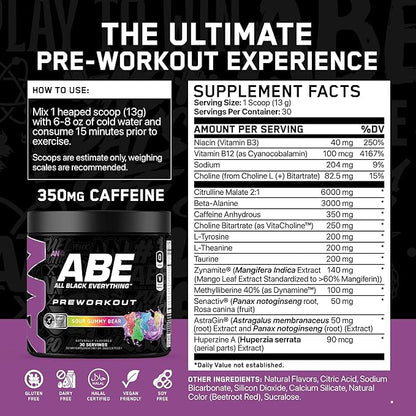 All Black Everything Pre Workout Powder | 30 Servings | Sour Gummy Bear | 350mg Caffeine | Nootropic Pre-Workout Blend | Beta Alanine + Citrulline | Energy Supplement for Men and Women