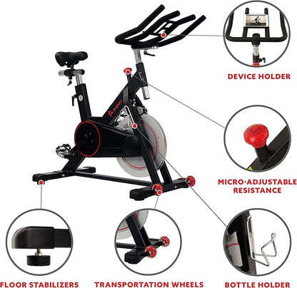 Sunny Health & Fitness Magnetic Exercise Bike, 44LB Flywheel & 300LB Weight Capacity for Intensive Home Workout, Indoor Cardio Training w/4-Way Adjustable Seat, Optional Free SunnyFit App Connection