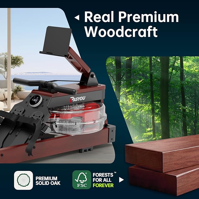 PASYOU Water Rowing Machines for Home Oak Wood Foldable Rower Machine 350LB Weight Capacity, 6 Levels Adjustable Row Machines with Monitor & Device Holder & 14L Tank, Bluetooth with Kinomap APP