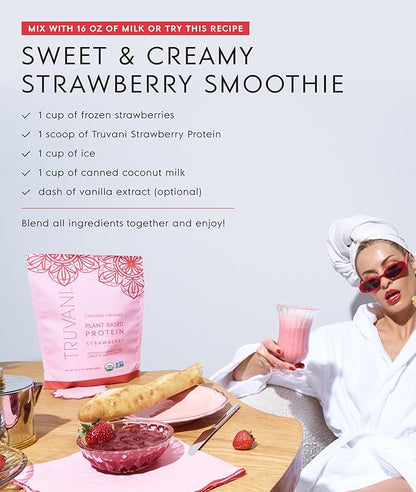 Truvani Vegan Pea Protein Powder | Strawberry | 20g Organic Plant Based Protein | 1 Serving | Keto | Gluten & Dairy Free | Low Carb | No Added Sugar